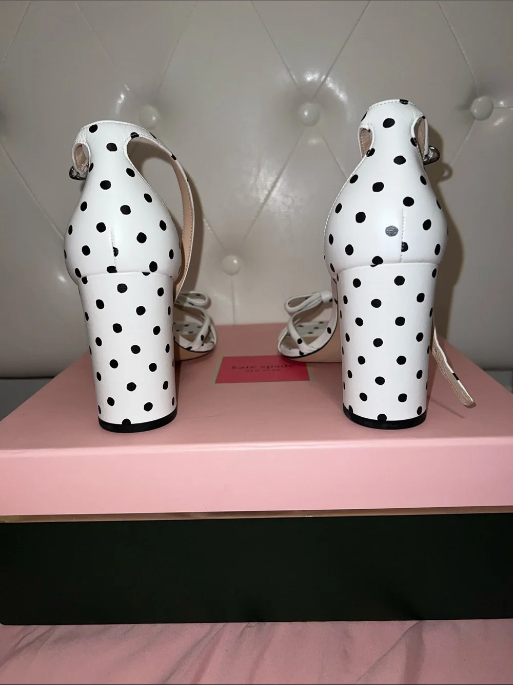 kate spade White with Black Polka Dot Bow Ankle-Strap Heels - Picture 5 of 8